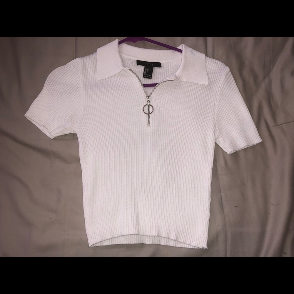 White collar ribbed zip up crop top